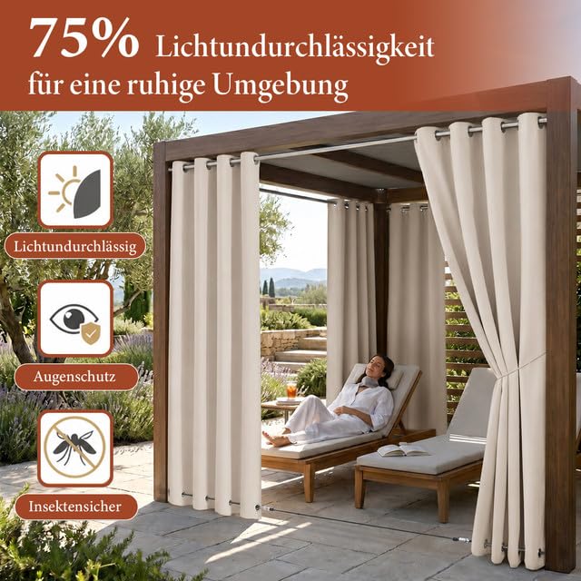 Rosnek 2erOutdoor Vorhang Wetterfest Winddicht, Balkon Gardinen mit Ösen Oben & Unten, Blickdicht Wasserdicht Sonnenschutz Sichtschutz Gardinen für Terrasse,Pergola,Pavillon, H213x B132 cm, Beige