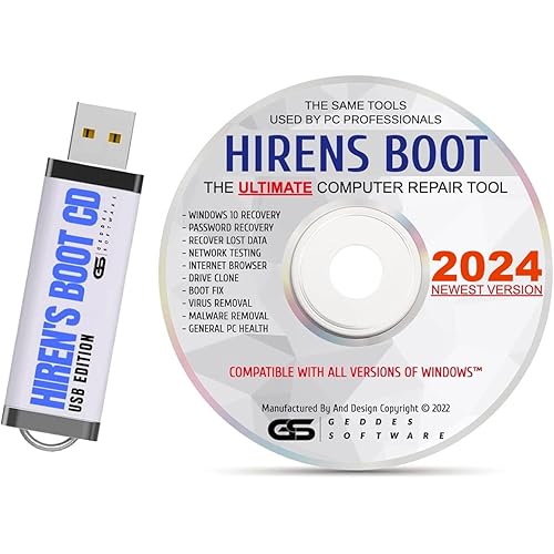 Hiren's Boot CD USB NEW 2024 Edition PE x64 bit Software Repair Tools Suite Hirens Boot Latest Version 16.3 Best PC Computer Repair Recovery Win 7, 8, 8.1 and 10 DVD and USB