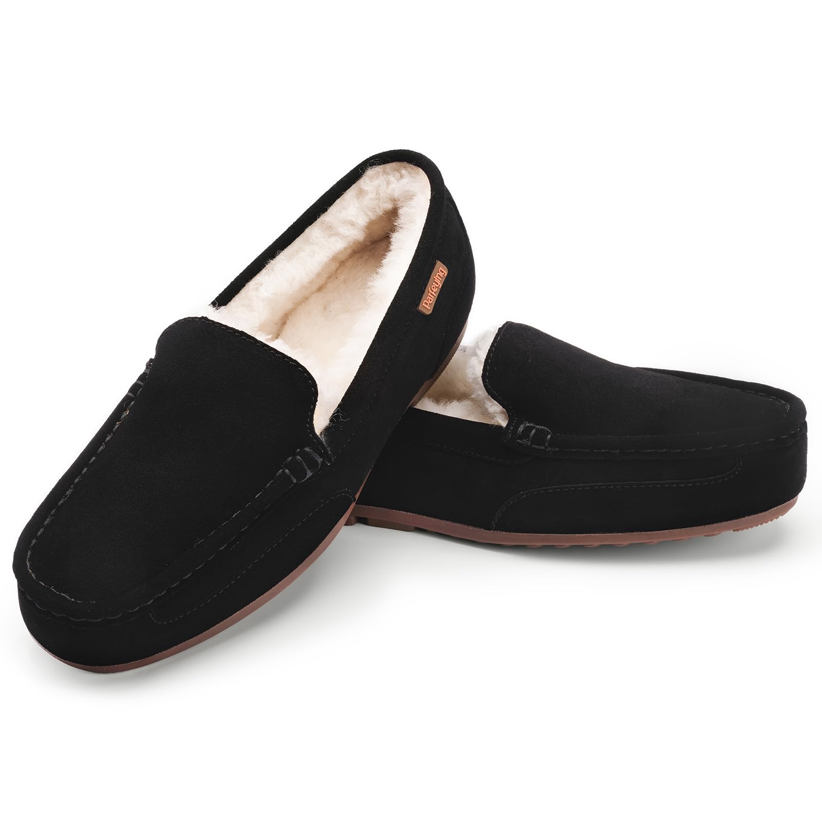 Parfeying Men's Indoor Outdoor Sheepskin Moccasins Slippers Memory Foam Driving Style Shoes