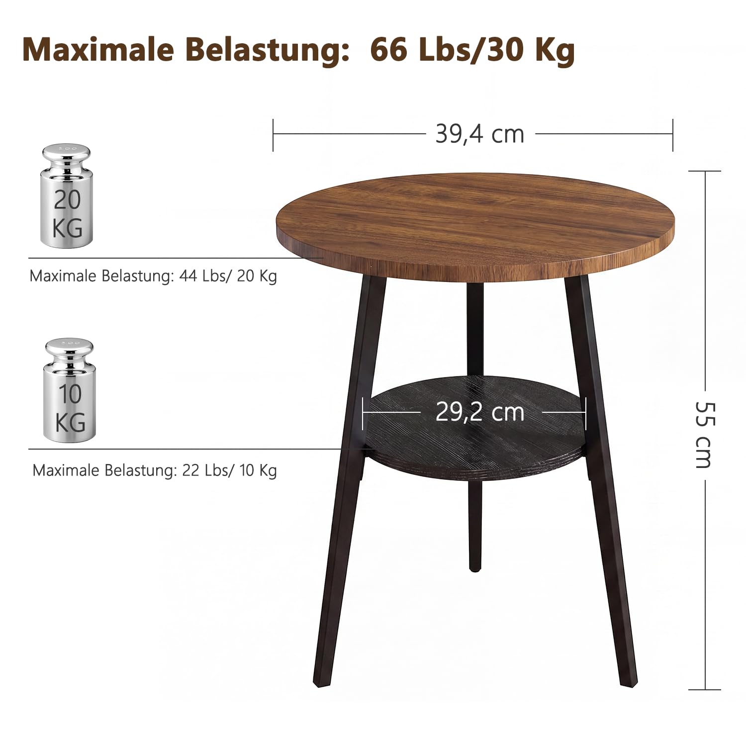 Beistelltisch Rund, Couchtisch Klein mit 2 Etagen, Runder Holz Beistelltisch im Vintage Stil, Nussbaumoptik für Wohnzimmer & Schlafzimmer