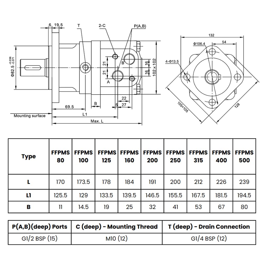 Hydraulikmotor 125,2 CC/REV P.T.O. Außenwelle 1 3/8"