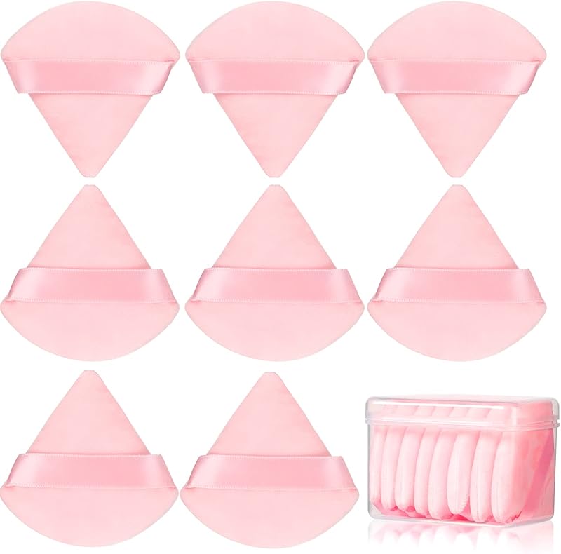 8Pcs Powder Puff, Dual Wet Dry for Triangle Makeup Puff,Pink | Triangle and round design,Washable,Soft fiber Velour Sponge for foundation, blush, loose powder