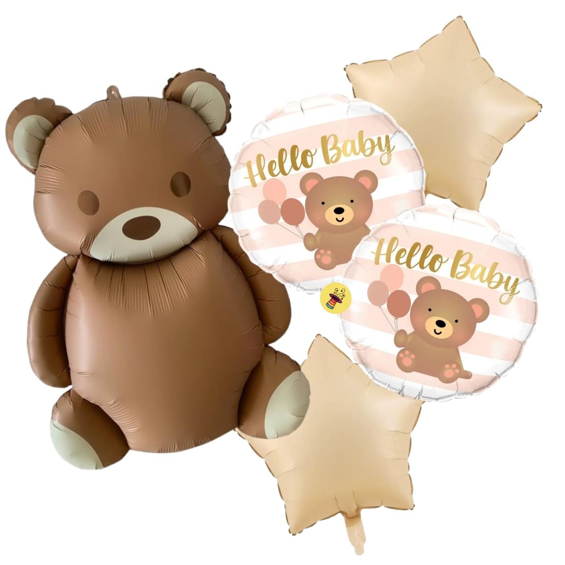 Atpata Funky Hello Baby 35inch Teddy Bear Foil Balloons (Set of 5pcs) Brown Bear & Caramel Stars for New Baby Shower Party Decorations, Newborn Party, Welcome Baby Decor-image-29