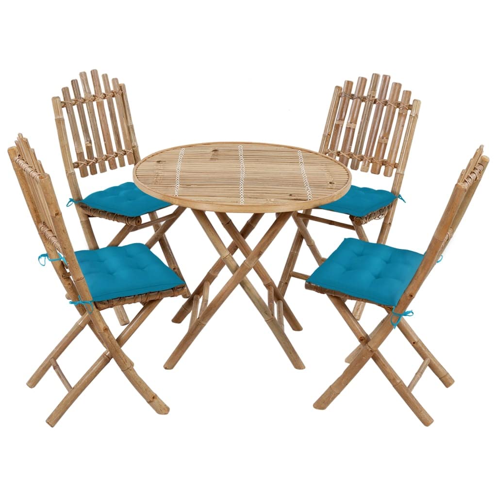 vidaXL Bamboo Patio Dining Set 5-Piece with Foldable Table and Chairs with Cushions - Light Blue Outdoor Furniture