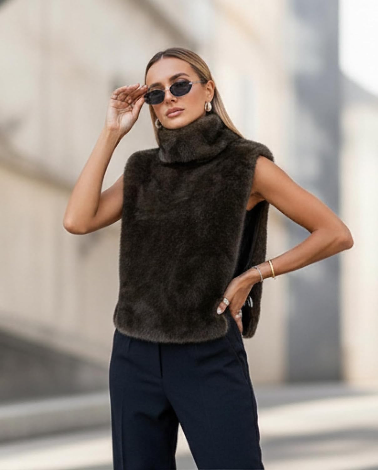 Women Brown Faux Fur Vest Turtleneck Fleece Vest Tie Side Fur Tops Winter Warm Outwear Trendy Fashion Y2K Jackets - Image 3