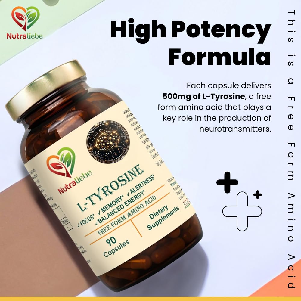 NutraLiebe L-Tyrosine 500mg - Free Form Amino Acid, Non-GMO, 90 Capsules - Image 2 thumbnail