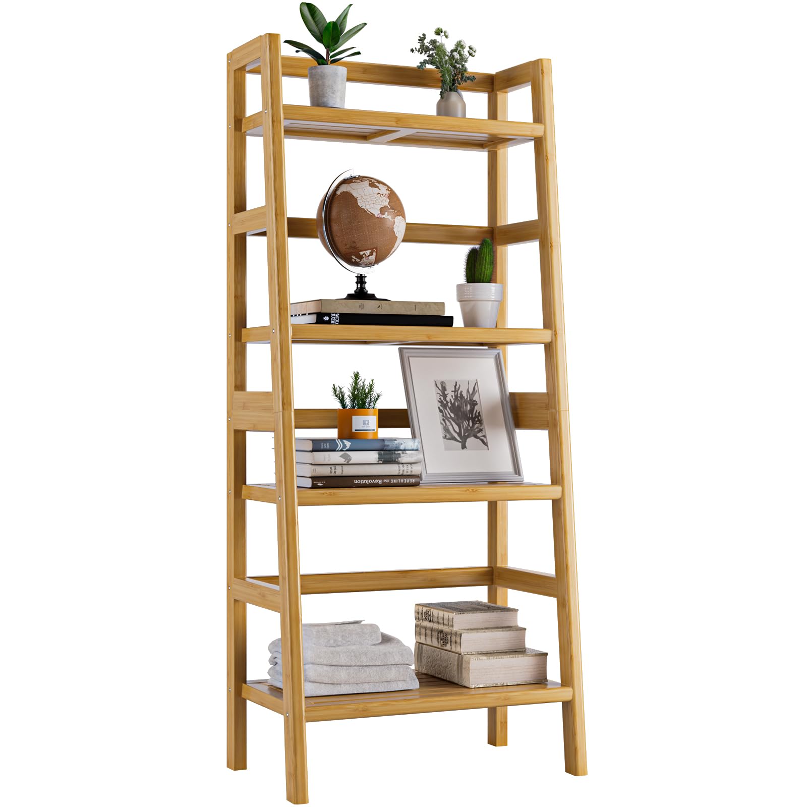 Ladder Shelf, 4-Tier Bookshelf, Bamboo Leaning Bookcase, Display Storage Rack Organizer, Freestanding Flower Plant Stand for Living Room, Home Office, Kitchen, Natural