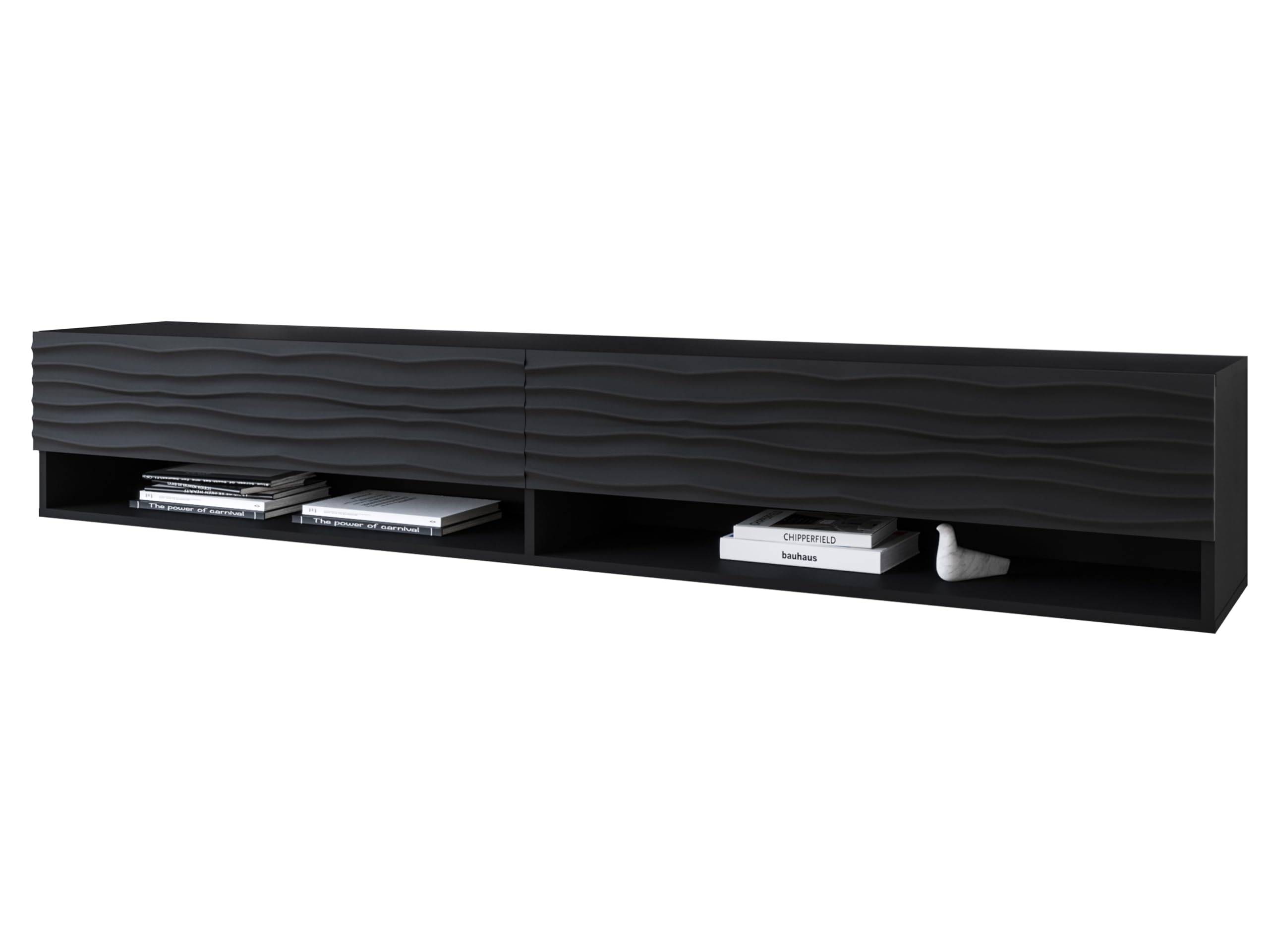 Meuble TV 180 cm noir ondulé avec éclairage LED en option, deux étagères, support TV suspendu