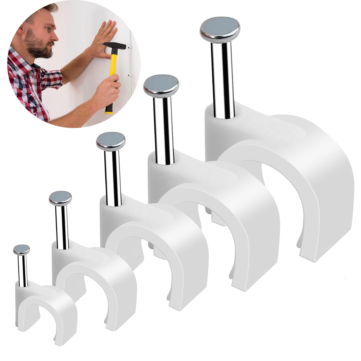 500Pcs Electrical Cable Wire Round Clips - Steel Nails Tacks Holder for Organizing Electric Wires Cables Lines(White)