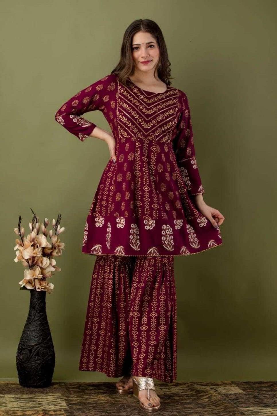 KUROCK Pakistani Kurti Sharara Set For Women's Rayon Mix Cotton Tunic Dupatta Set Indian Summer Dress (Wine)
