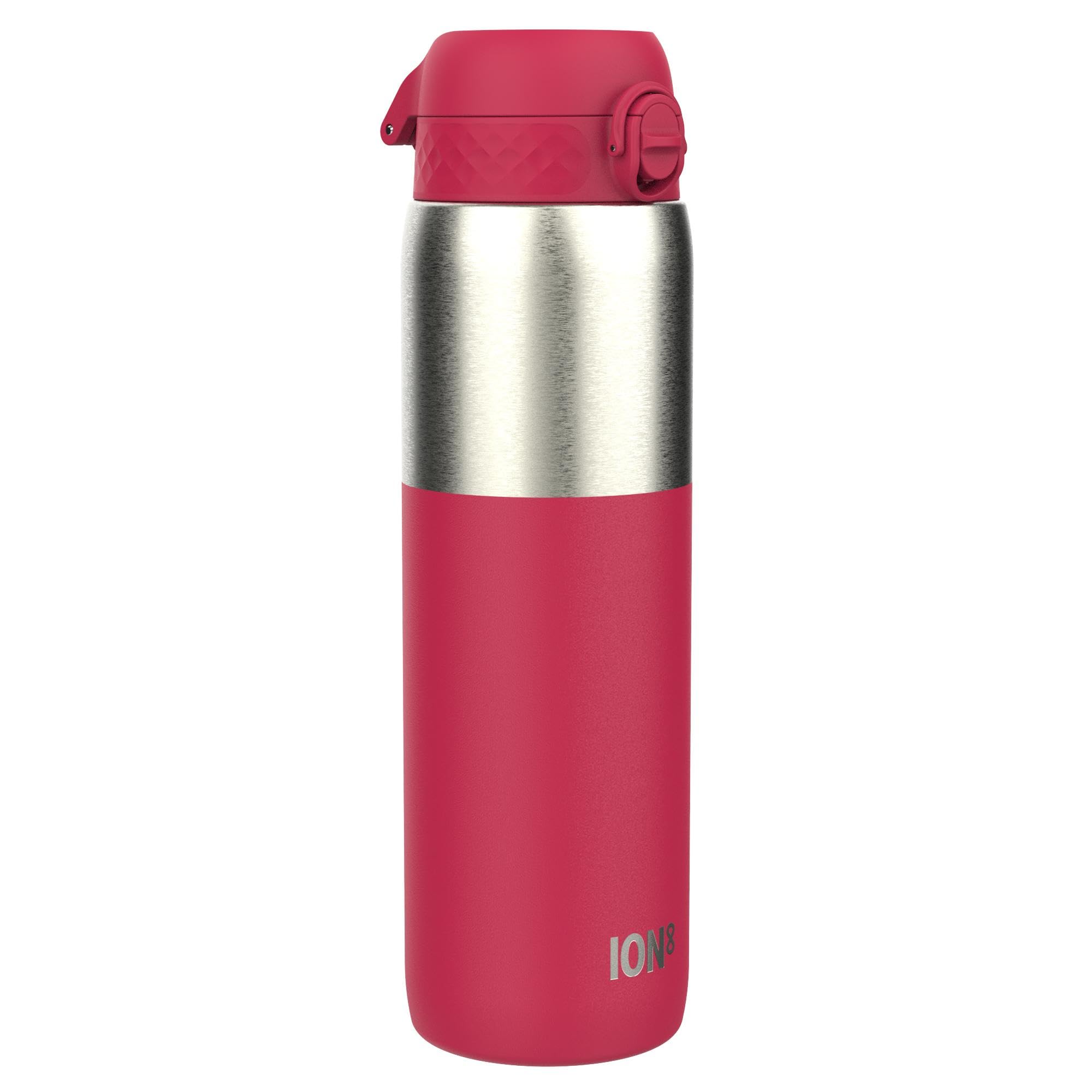 Ion8 Vacuum Insulated Stainless Steel 1 Litre Water Bottle, 920 ml/31 oz, Leak Proof, Easy to Open, Secure Lock, Dishwasher Safe, Carry Handle, Metal Water Bottle, Half Cut Viva Magenta