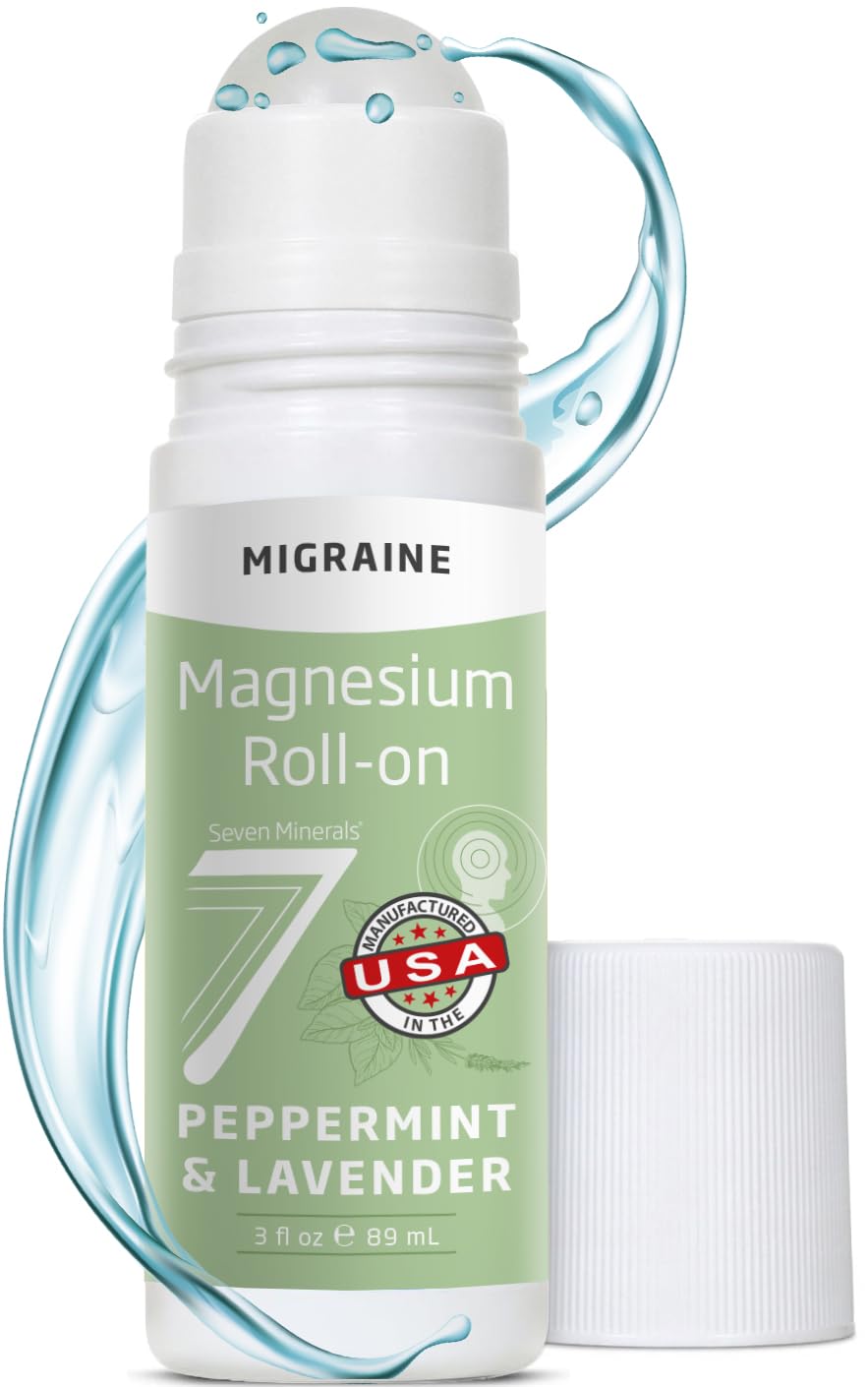 Seven Minerals Migraine Roll On Stick with Magnesium, Peppermint & Lavender - Natural Tension Headache Relief with Real Magnesium, Not Just Oils, USA Made, 3 Fl Oz 3 Fl Oz (Pack of 1) Peppermint