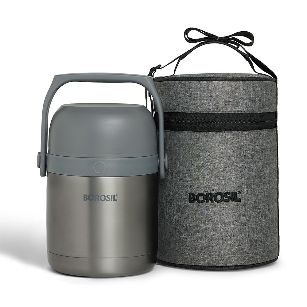 Borosil Hot N Fresh Stainless Steel Insulated Lunchbox | Keep Food Warm Upto 6 Hours | Air Vent Button | Tiffin for School, Office, College | Grey (Hot n Fresh Prime, 1.3 L)
