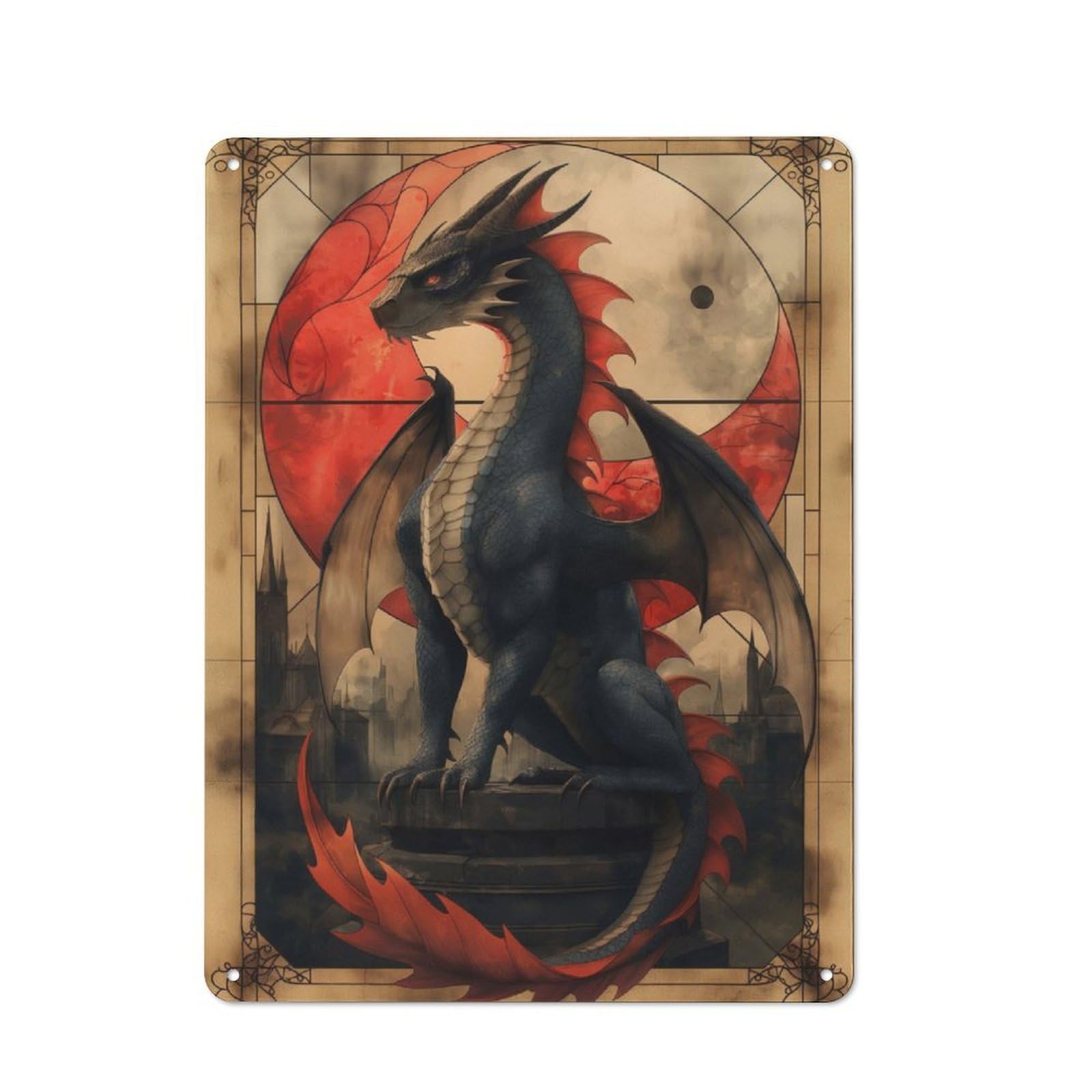 Junmoney Black And Red Dragon Rustic Tin Wall Plaque 40X30cm For Garage Or Workshop, For Home Interiors, Feature Walls And Decorative Displays