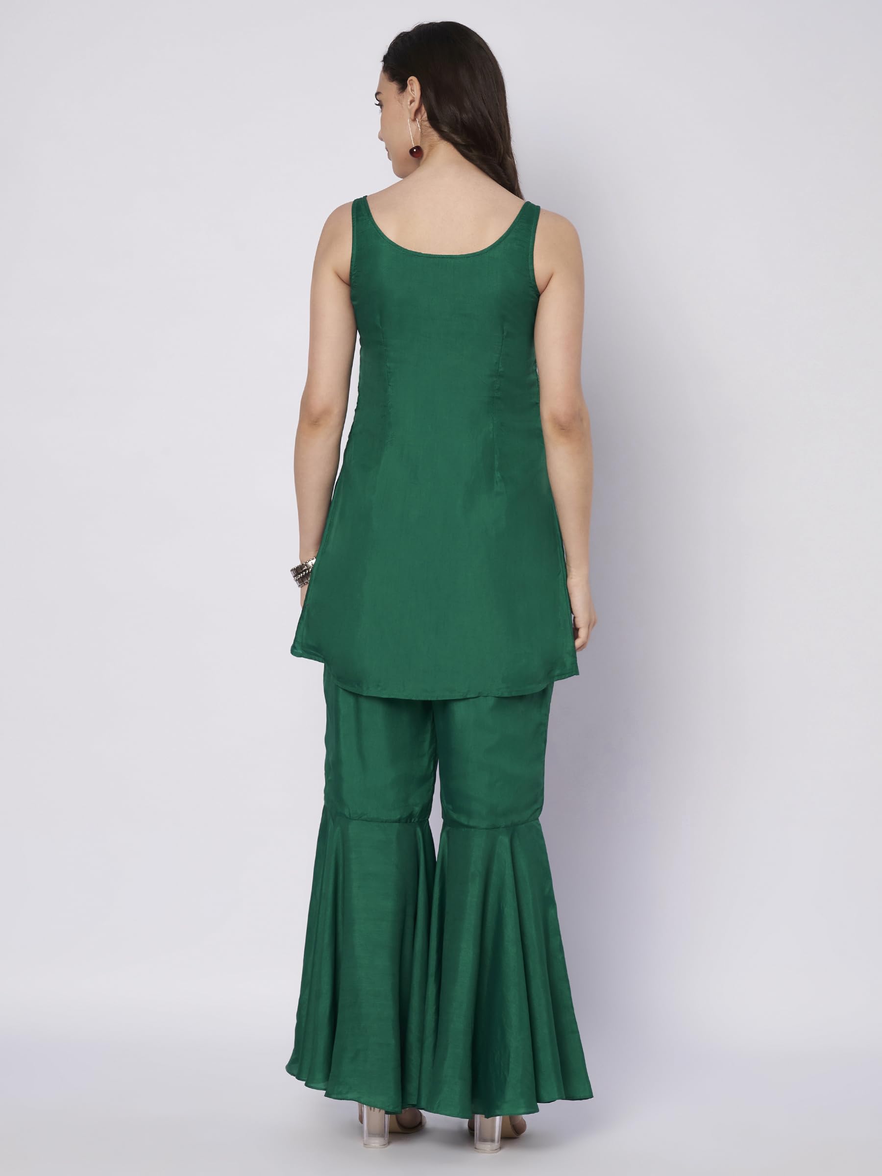 SILCHIC Women Green Embroidered Co-ord Set with Sleeveless Top & Gharara, Silk Blend (Green, S) 4