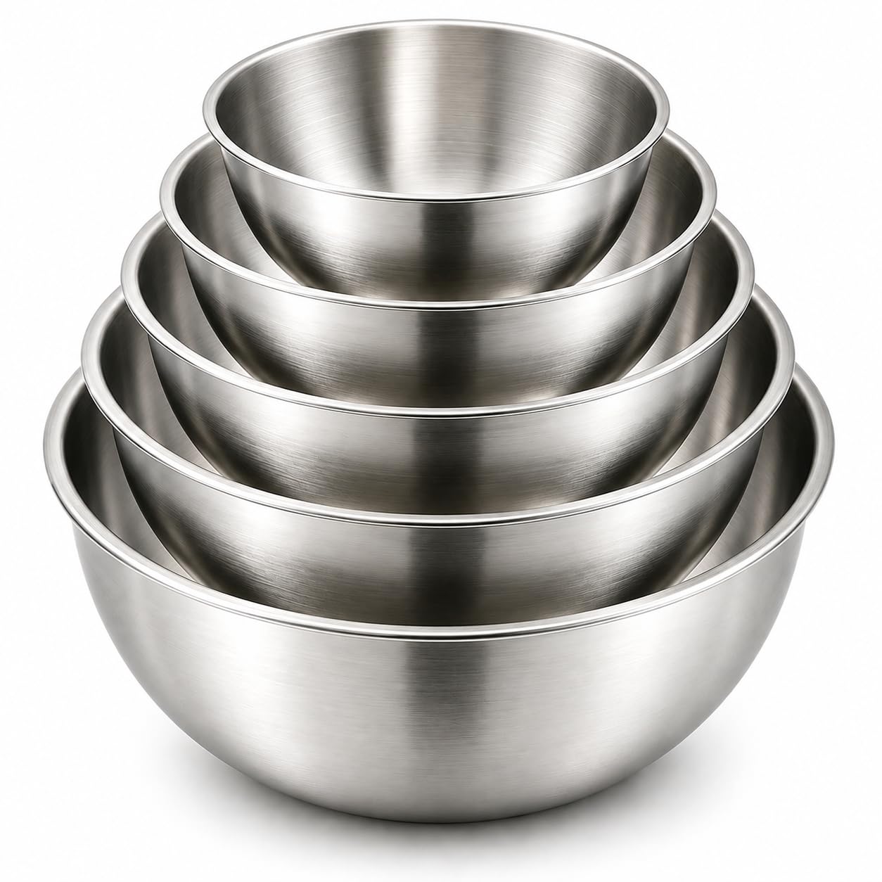 DDUP Set di 5 ciotole in acciaio inox con base piatta, da 28 cm a 17 cm, antiruggine e lavabili in lavastoviglie, ciotole da cucina per insalata, cucina, cottura