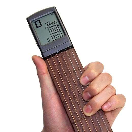 Pocket Guitar Chord Practice Tool, Portable Guitar Neck for Trainer Beginner w/a Rotatable Chords Chart Screen Battery Included