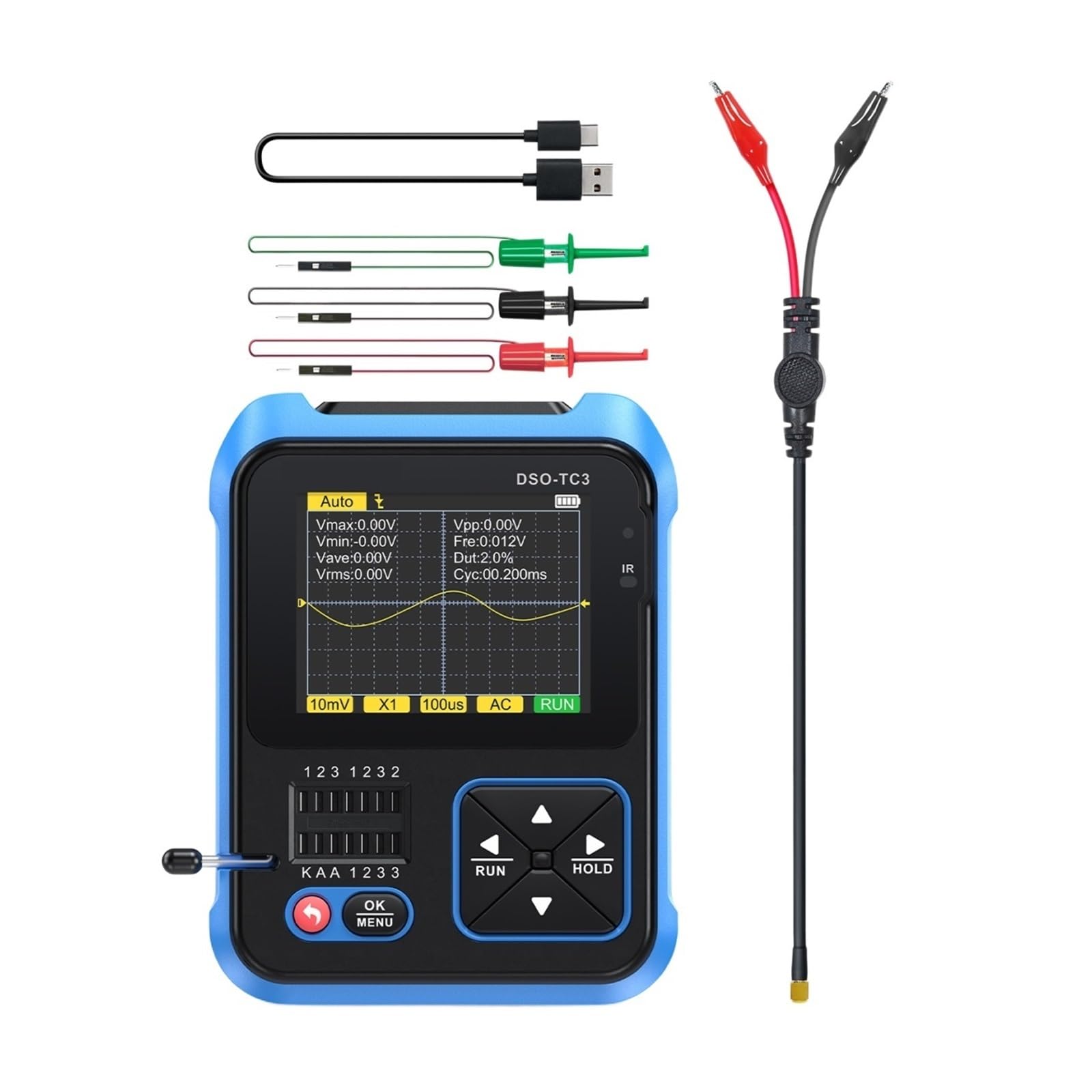 Oscyloskop, TC3 oscyloskop cyfrowy 3 w 1 Generator sygnału funkcyjnego Tester próbnik elektroniczny Test napięcia 500 KHz 10 MS/s,Dokładna analiza(Standard)