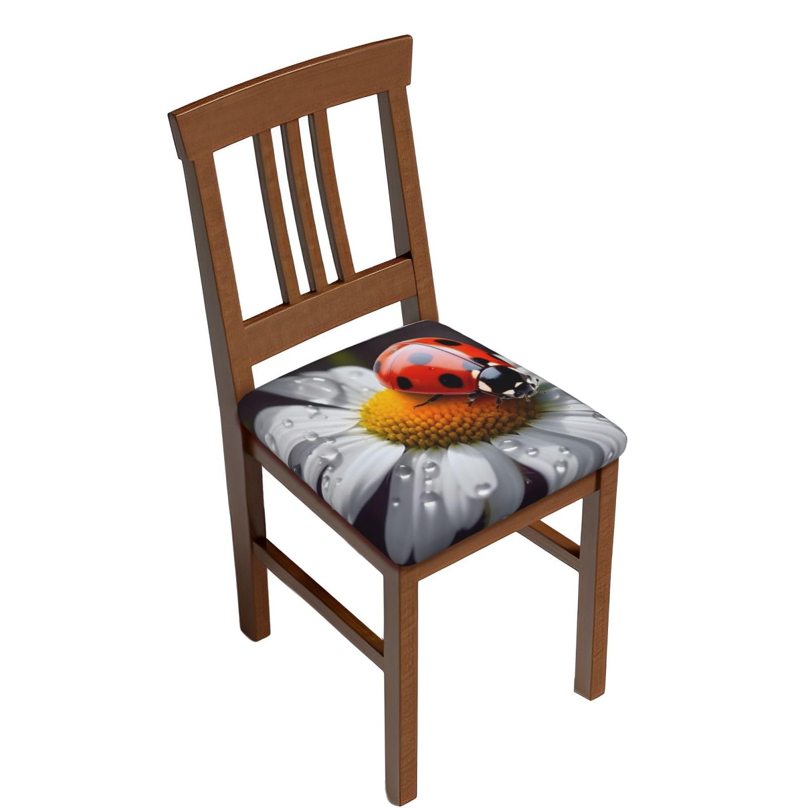 FodPand Ladybug on Daisy Flower Square Stool Covers Four Pieces, Stretch Removable Square Bar Stool Seat Covers Washable Dustproof Stool Cushion Slipcover Soft Milk Silk Bar Chair Covers with Band