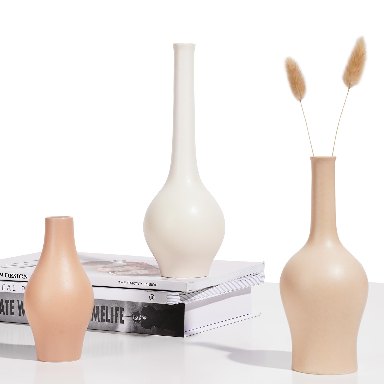 ZENSSmall Ceramic Vase Set of 3, Minimalist Pampas Flower Vases for Boho Shef Home Decor, Matte Grainy Modern Bookshlef Vase for Living Room Centerpiece Decor