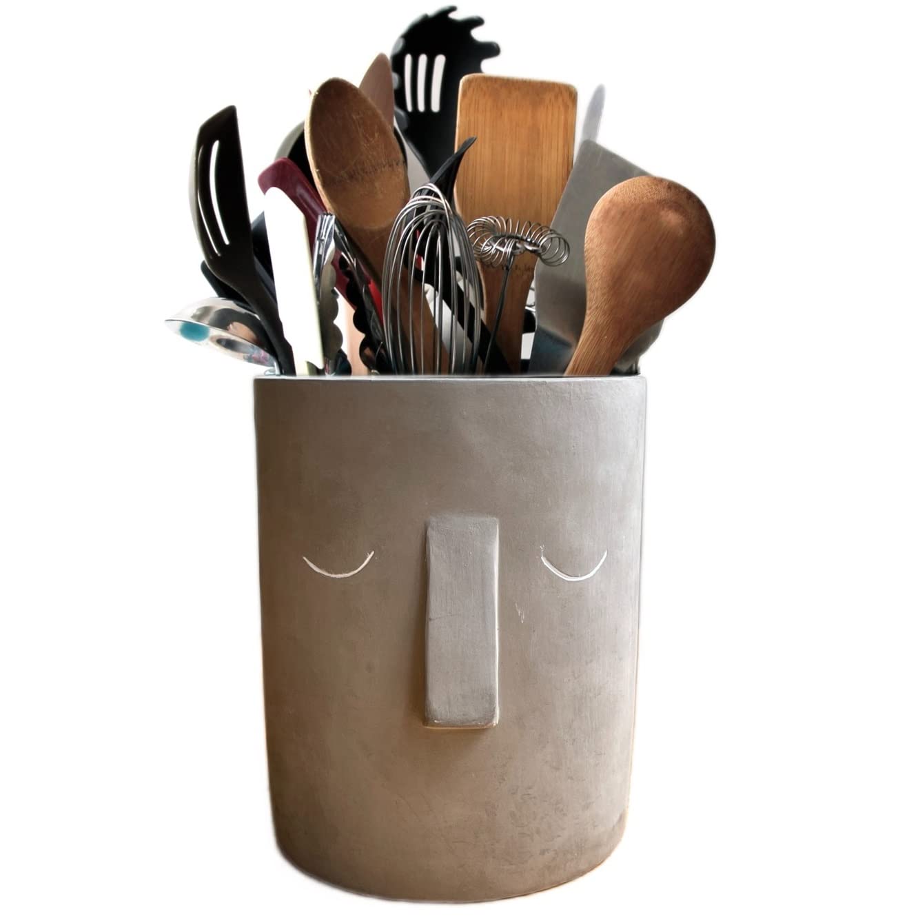 Face Designed Toughed Ceramic Utensil Holders Kitchen or Bathroom - Set of 2 - Natural grey and white - Image 3