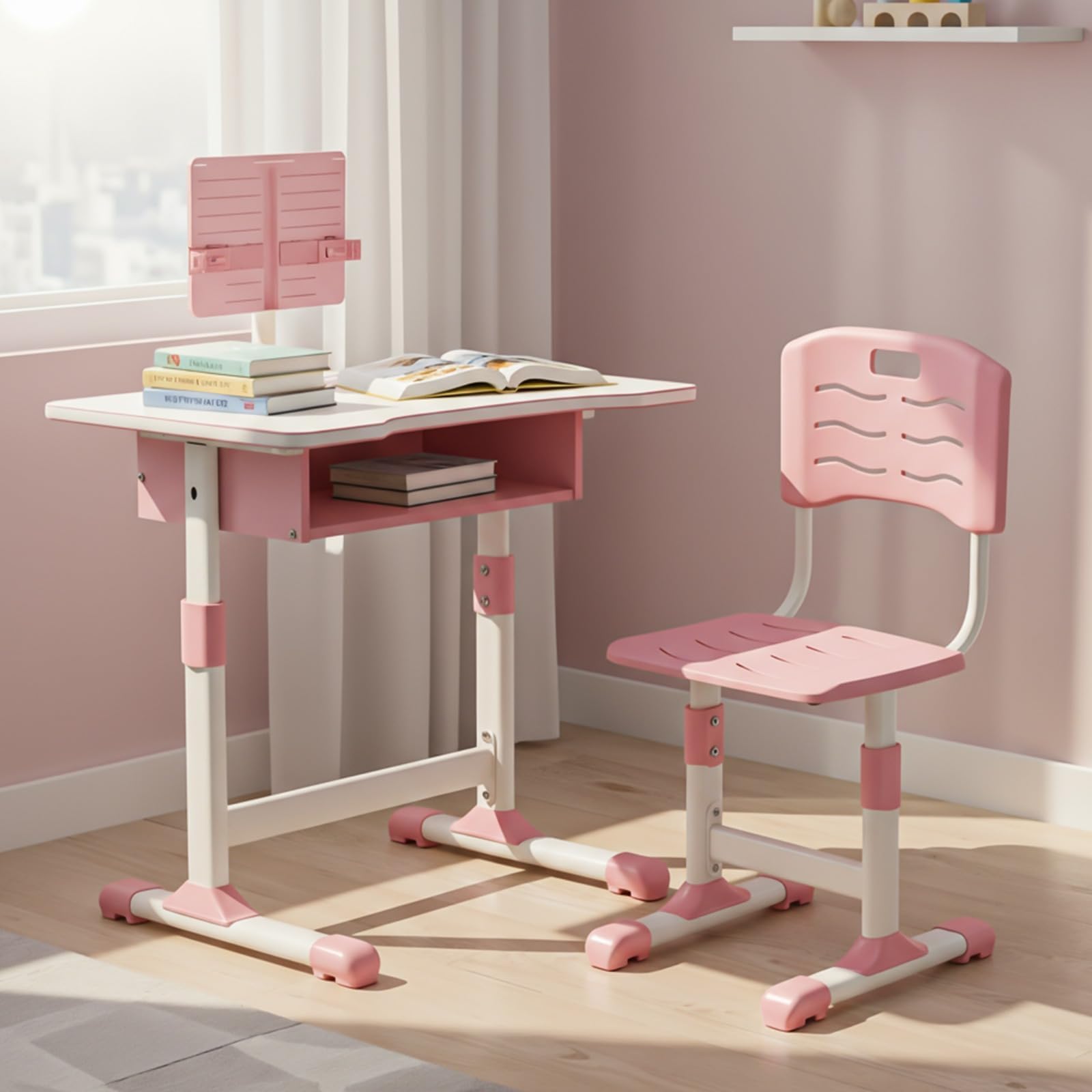 BAYBEE Study Table for Kids 5-12 Years Boys Girls | Ergonomic Desk Table with Chair, Height Adjustable, Book Holder, Storage Drawer & Footrest | Perfect for Reading, Writing & Studying (Premium Pink)