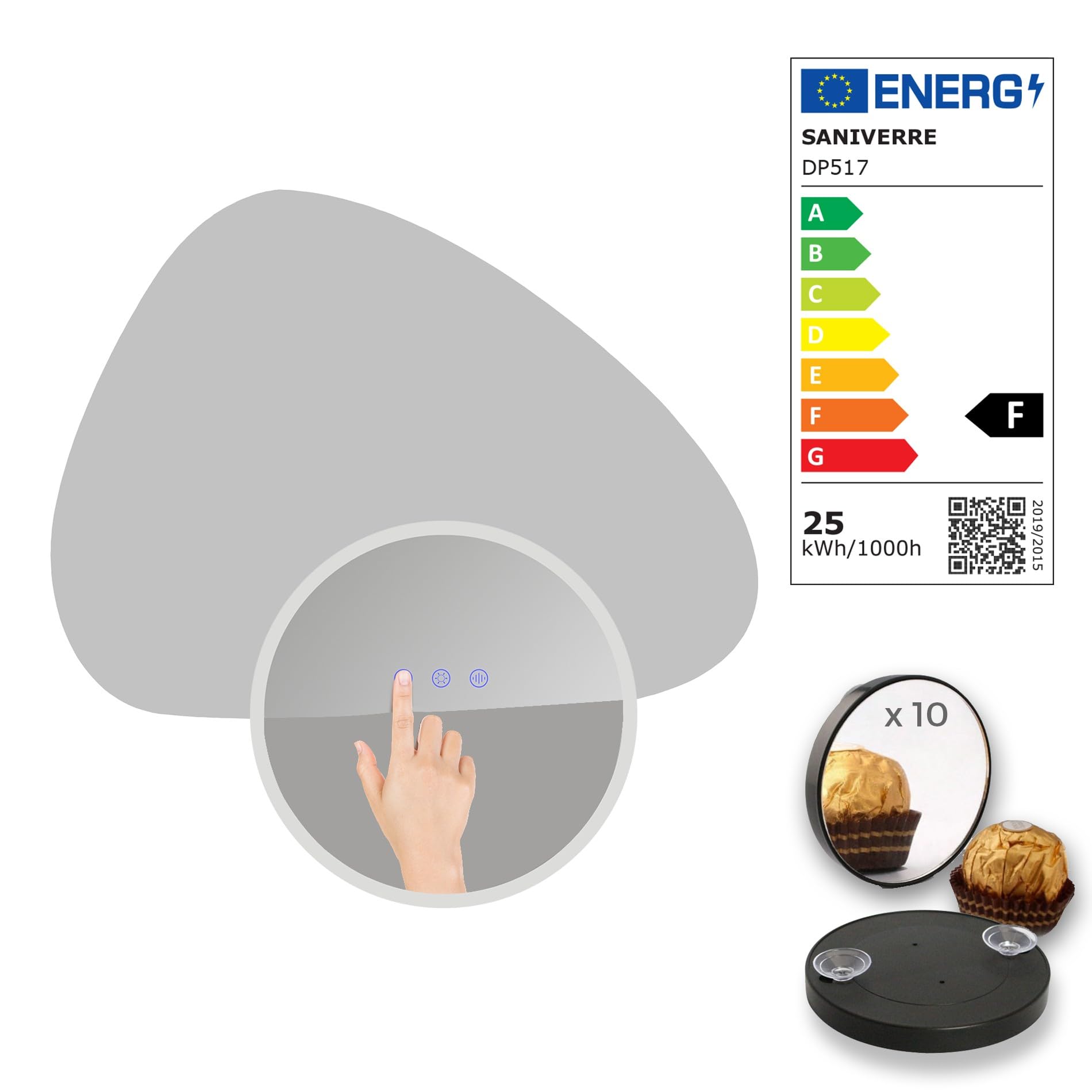 SANIVERRE GALEO Miroir Organique LED Lumineux 60 x 80 cm Tactile Anti-buée + intensité & Couleurs réglables + mémoire - réversible asymétrique
