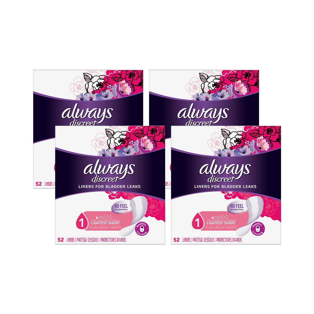 Always Discreet Incontinence Liners for Women, Lightest Absorbency, 208 Count, Short Length (52 Coun
