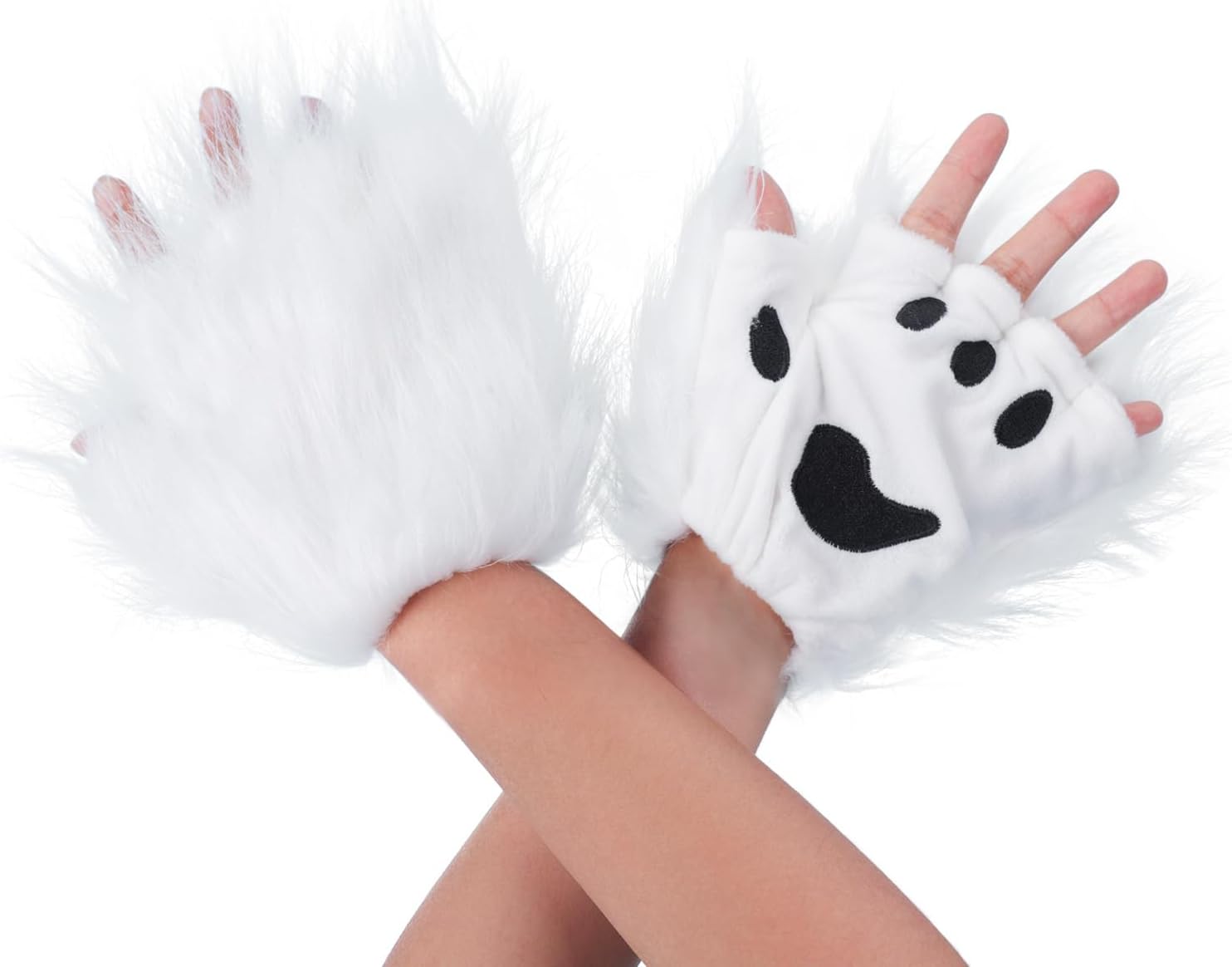 OhMill Brown Faux Fur Animal Paw Mittens Bear Cat Claw Gloves Furry Plush Fingerless Mittens for Halloween Cosplay Party