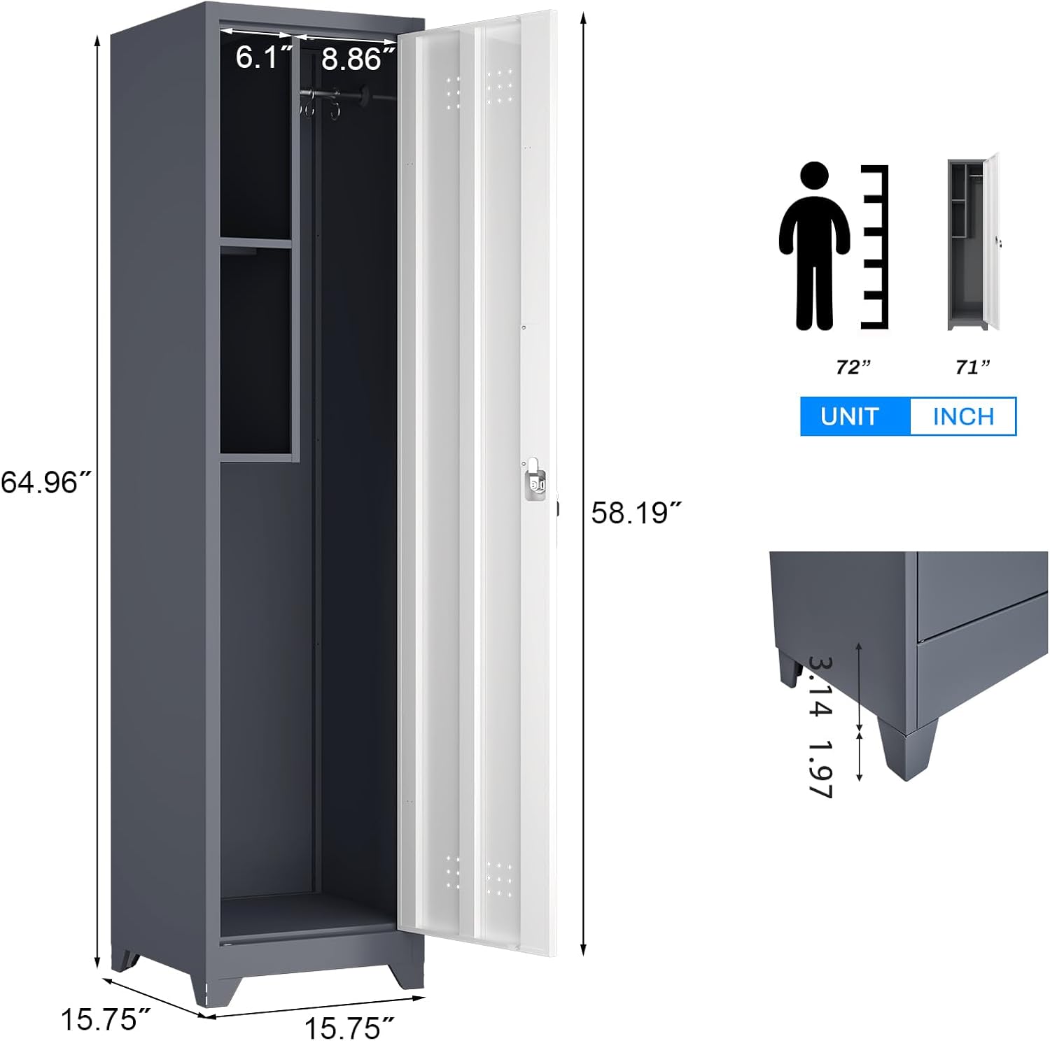 Metal Storage Cabinet, 65" Tall Garage Storage Cabinet with Lockable Doors, Utility Broom Closet for Mop Storage, Steel Tool Cabinet with Shelves for Laundry Room & Home Office, White/Grey