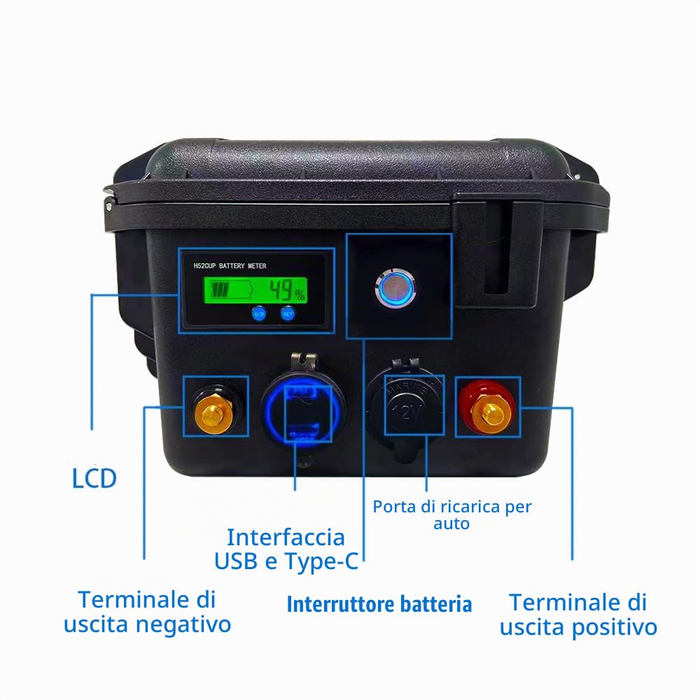 LiFePO4 12V 100Ah, Batteria Marina con Bluetooth e Caricatore Fino a 6000 Cicli Uscita Massima 1280Wh con BMS Da 100A per Pesca a Motore, Barche, Camper, Caravan