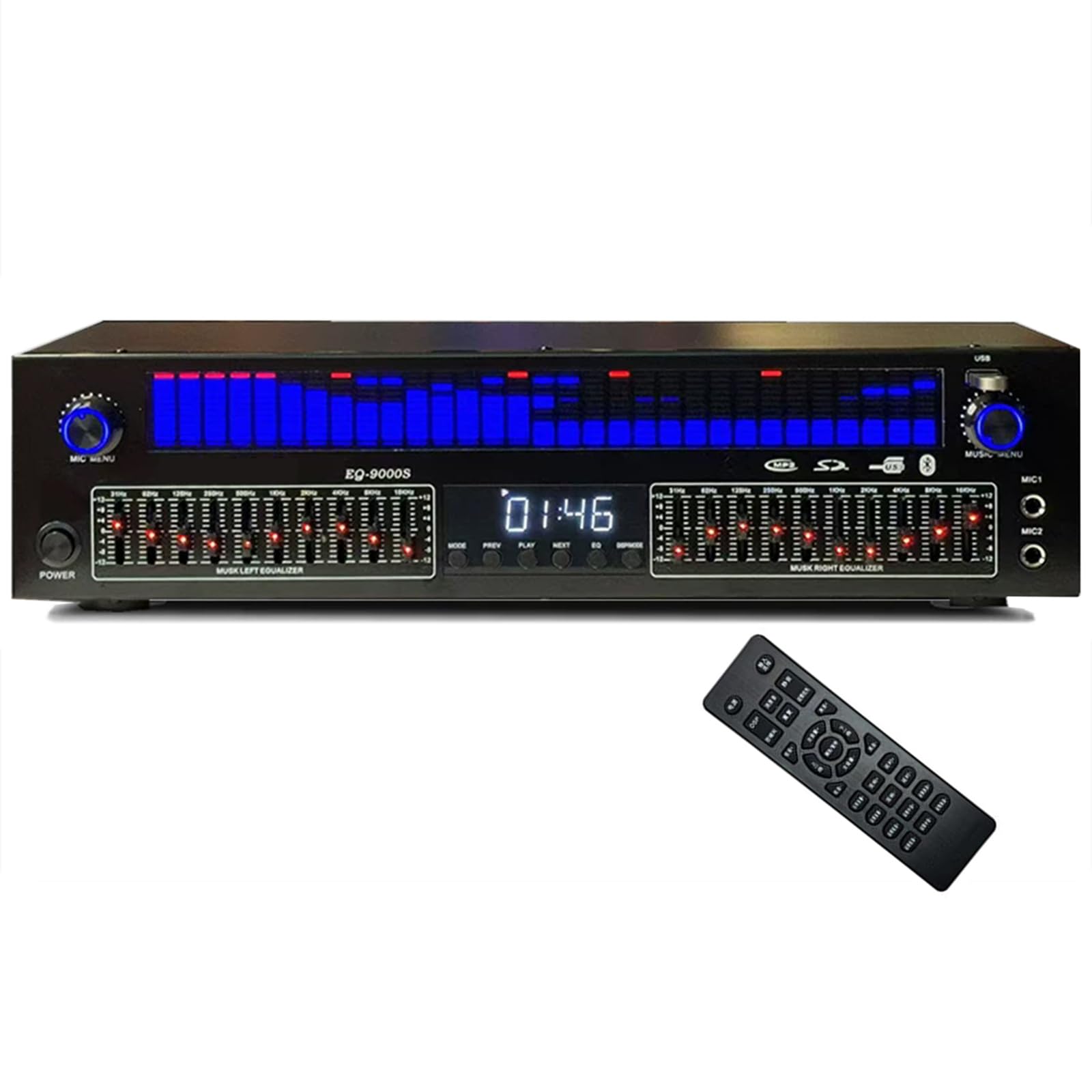 31-band Digital Equalizer, Stereo Audio Graphic Eq, Double 10 Segment Independent Tuning, 12 Rhythm Patterns, Bluetooth Optical Coaxial Input, For Recording Studio blue