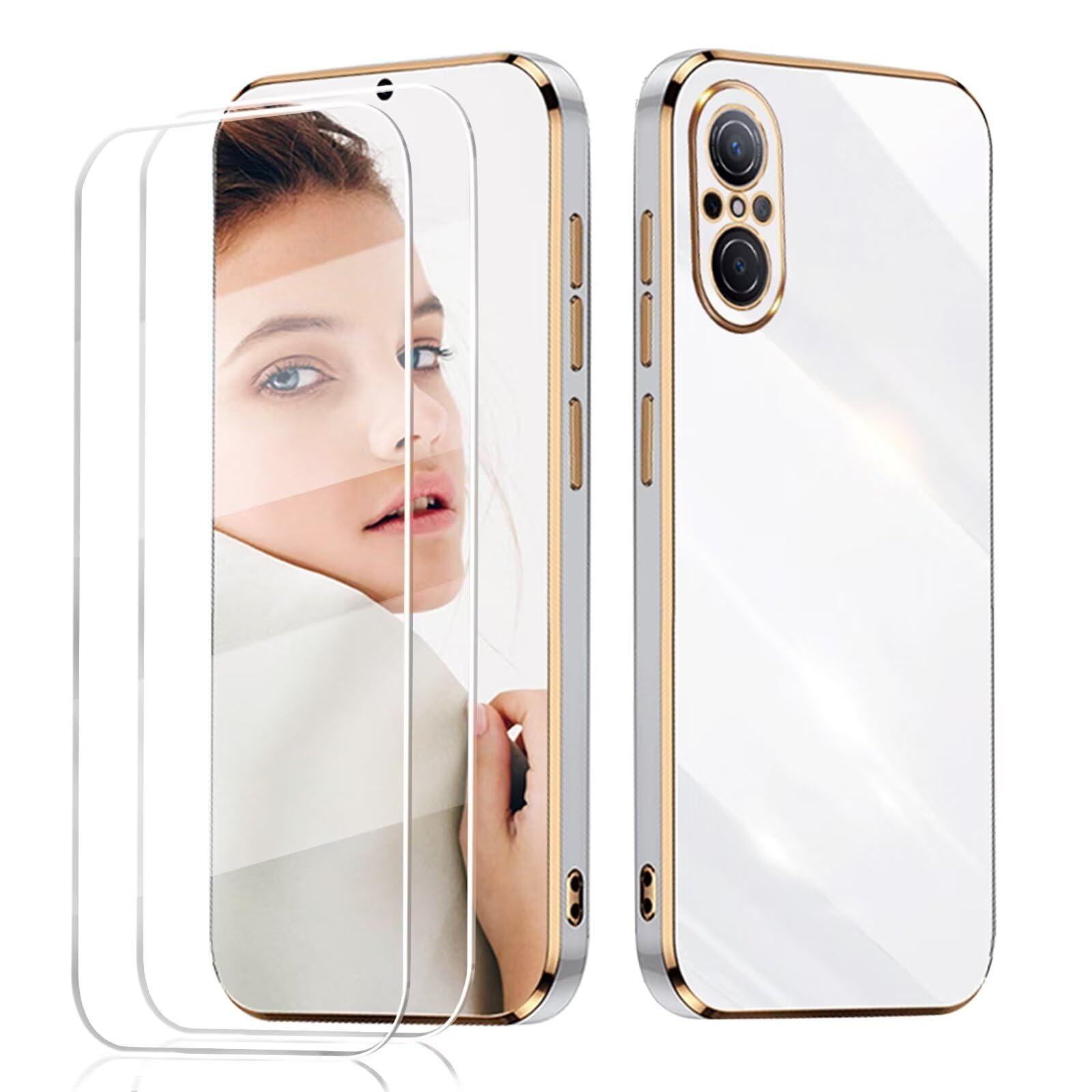 for Huawei Nova 9 SE Plating Edge Cover with 2 Pack Screen Protector,Gold Edge Design TPU Silicone Shockproof Phone Case-White