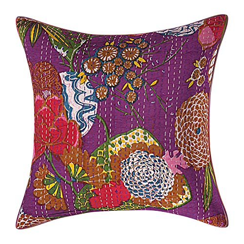 Image of Cotton Kantha Embroidery Cushion Cover (16x16-inches) (Set of 1, Purple)