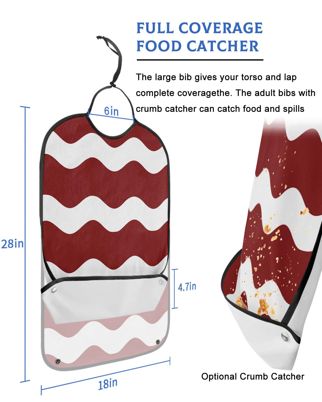 LEOKOTI Red Ripple Adult Bibs for Eating, Waterproof Bibs with Food Catcher & Adjustable Snap Closure, Simple Red White Waves Aesthetics Washable Clothing Protectors Adult Bibs for Elderly Women/Men