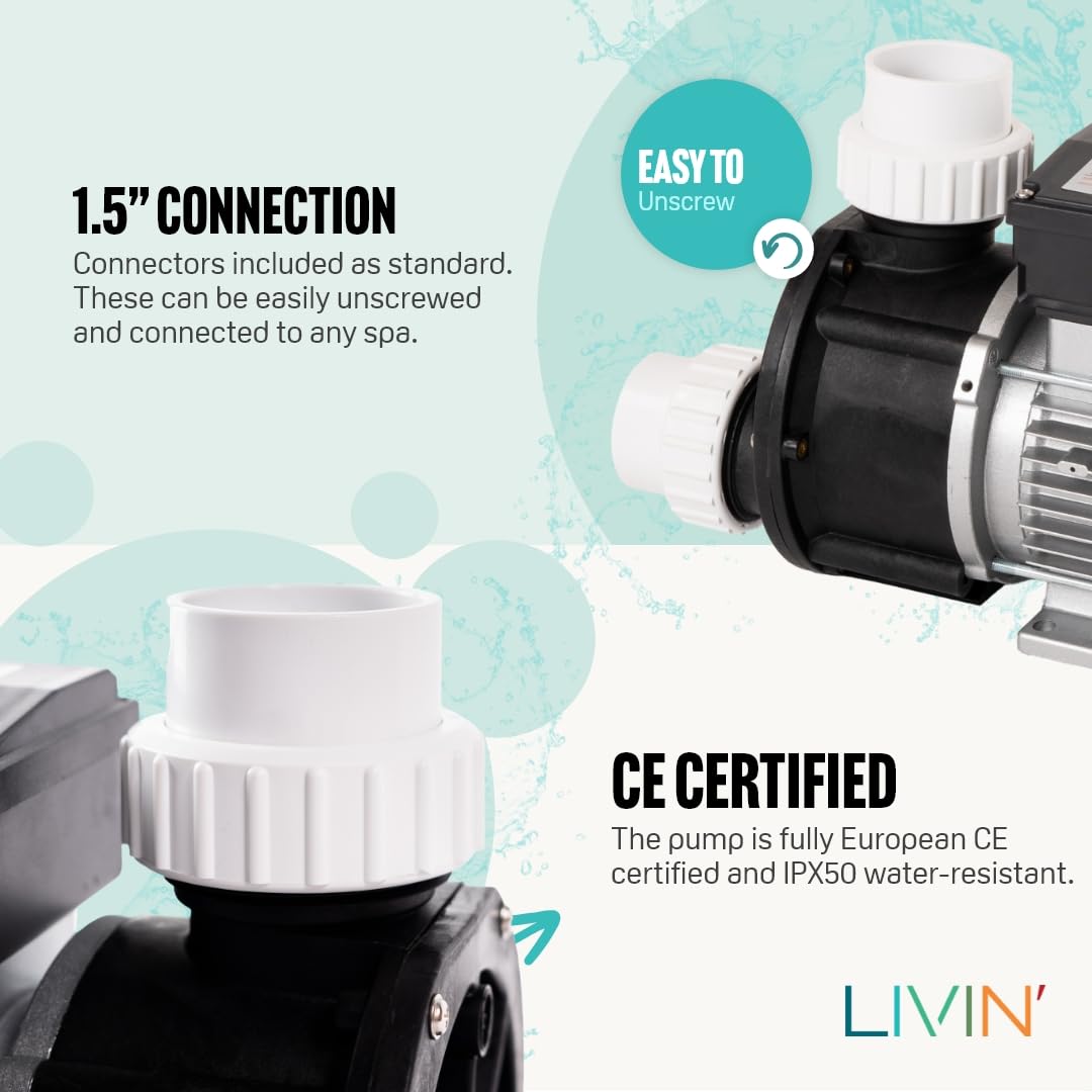 Livin Spa JA50 - Pompa di Circolazione per Piscina Idromassaggio 0,37 KW/0,5 HP, Filtro 180 l/min, Circolazione Dell'acqua con 230