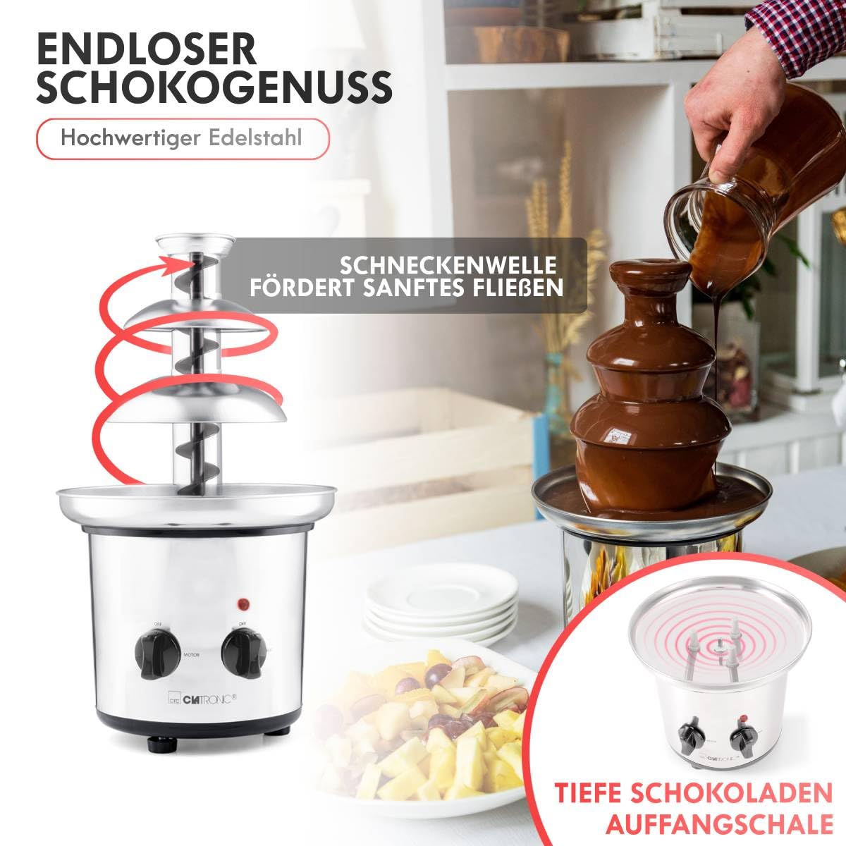 Clatronic® Fontaine à chocolat | pour fruits et pâtisseries | chocolat chaud et liquide pour brunch, fête, Noël, Nouvel An | bol de récupération profond + fontaine en acier inoxydable | SKB 3248