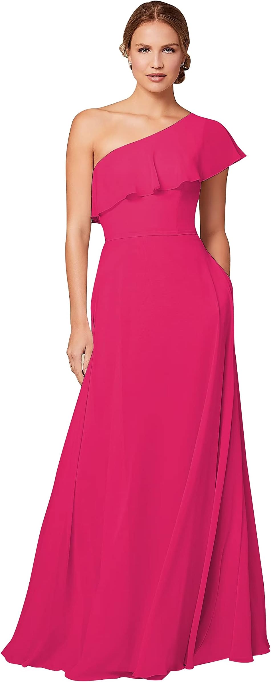 MARSEN One Shoulder Bridesmaid Dresseses Ruffles Prom Dress Long Formal Evening Gowns for Women with Pocket
