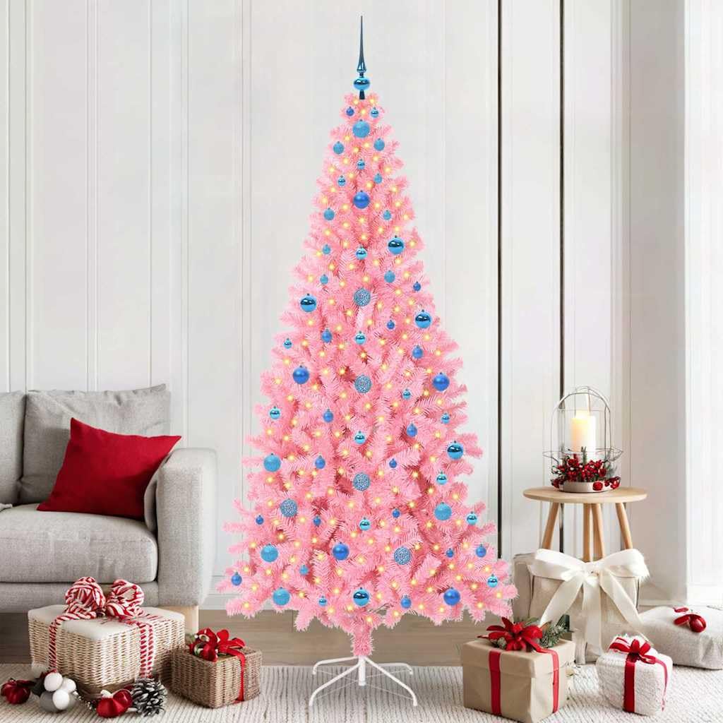 Choinka 210 cm, różowa z 300 diodami LED o ciepłej białej barwie, PCW, sztuczna choinka ze stojakiem, 910 gałązek, 8 trybów, do użytku wewnątrz i na zewnątrz