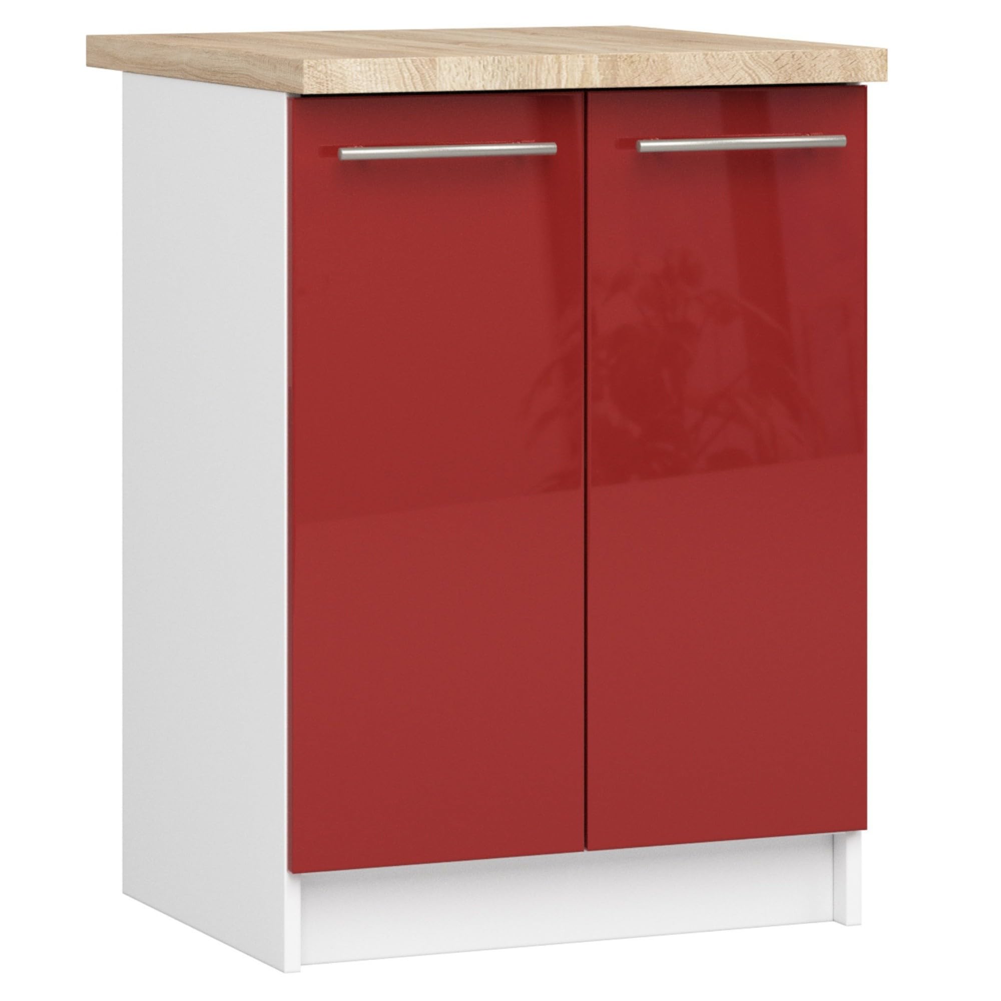 AKORD | Küchenschrank mit Arbeitsplatte - Oliwia S60 | Küchenunterschrank mit 2 Türen und 2 Einlegeböden | Unterschrank Küche 60 cm Breit | ABS-Kante 18 mm | 46 x 60 x 85 cm | Weiß & Rot Glanz