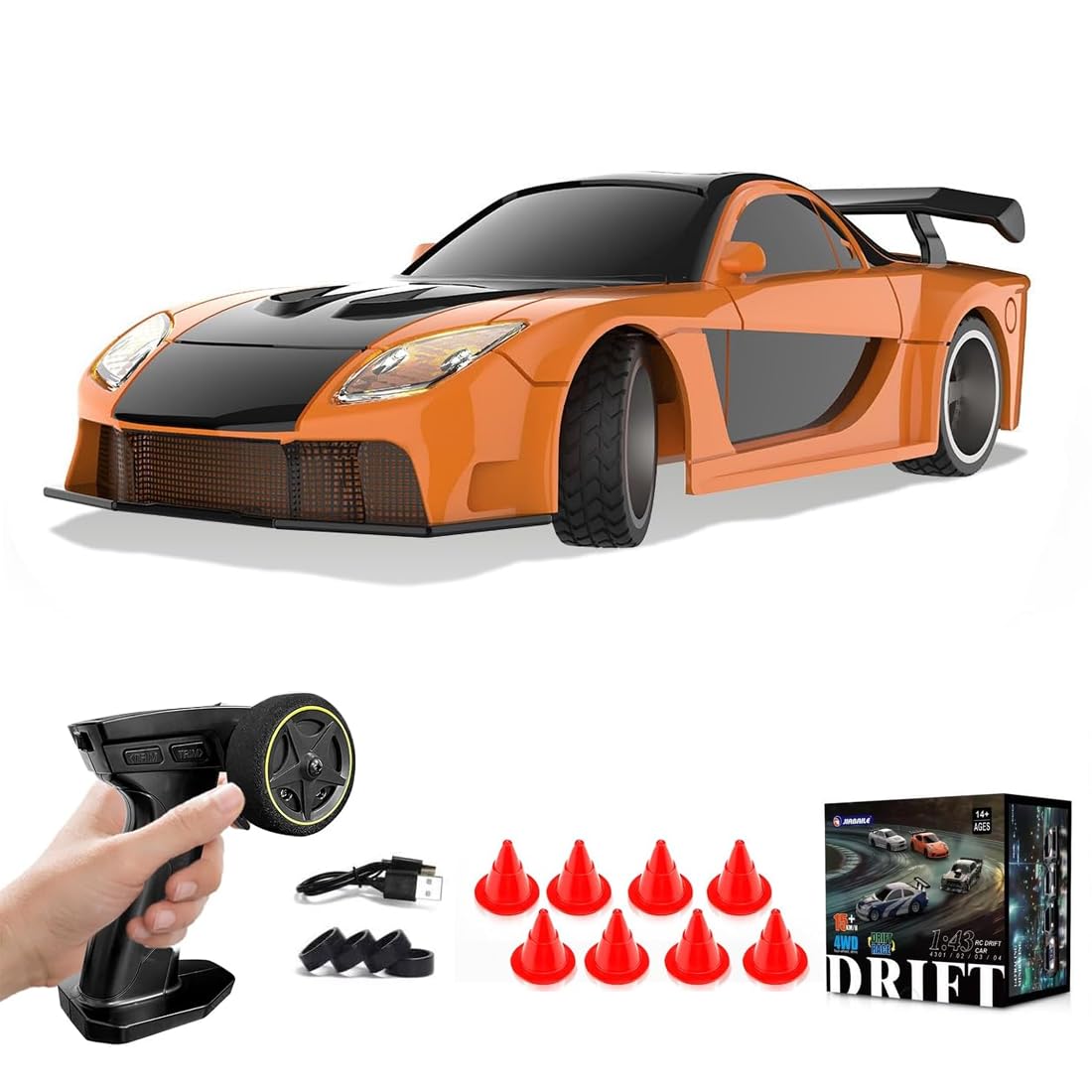 1/43 Scale Mini Drift Cars, Electric Full Proportional 2.4G Remote Control Racing Drift Car Model with Lights Kit, 15KM/H High Speed Vehicle Gift for Adults