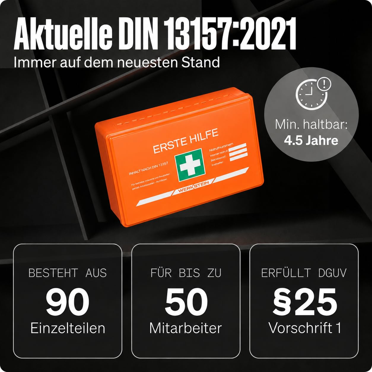 WERKSTEIN® Erste Hilfe Verbandskasten inkl. Wandhalterung [DIN 13157:2021] - Erste Hilfe Kasten für Betrieb, Büro & Zuhause - Erste Hilfe Koffer - Verbandsmaterial - Notfallbox - First Aid Bag