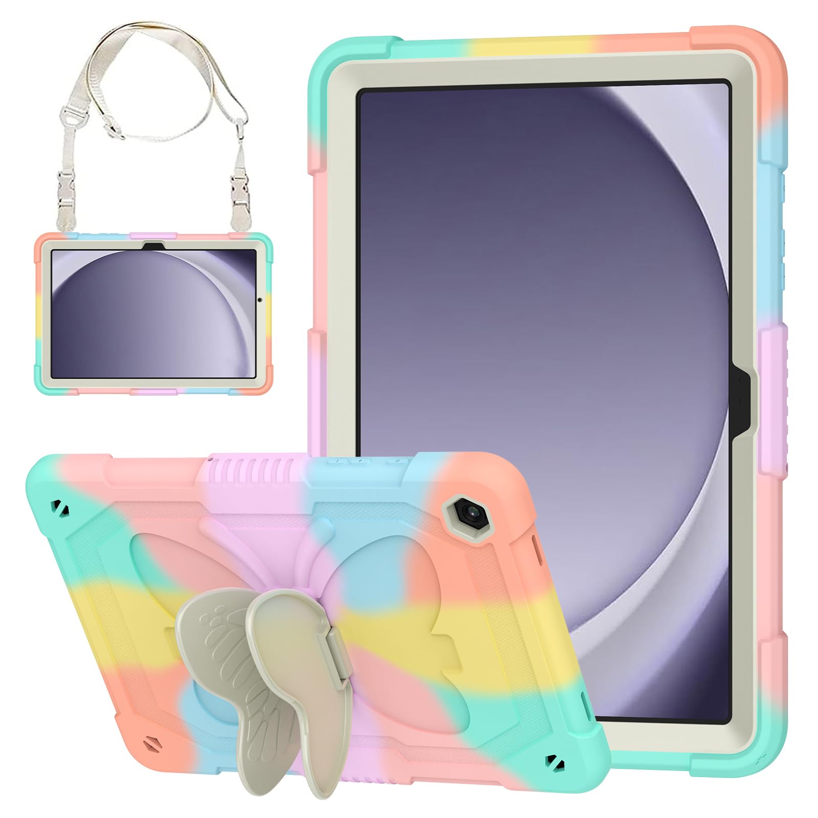 HOGENL Cover for Samsung Galaxy Tab A9+ Plus 11 inch Case for Kids Girl, Galaxy Tab A9+ 2023 Released with Butterfly Stand Shoulder Strap Shockproof Full Body Protective, Colorful Rosegold