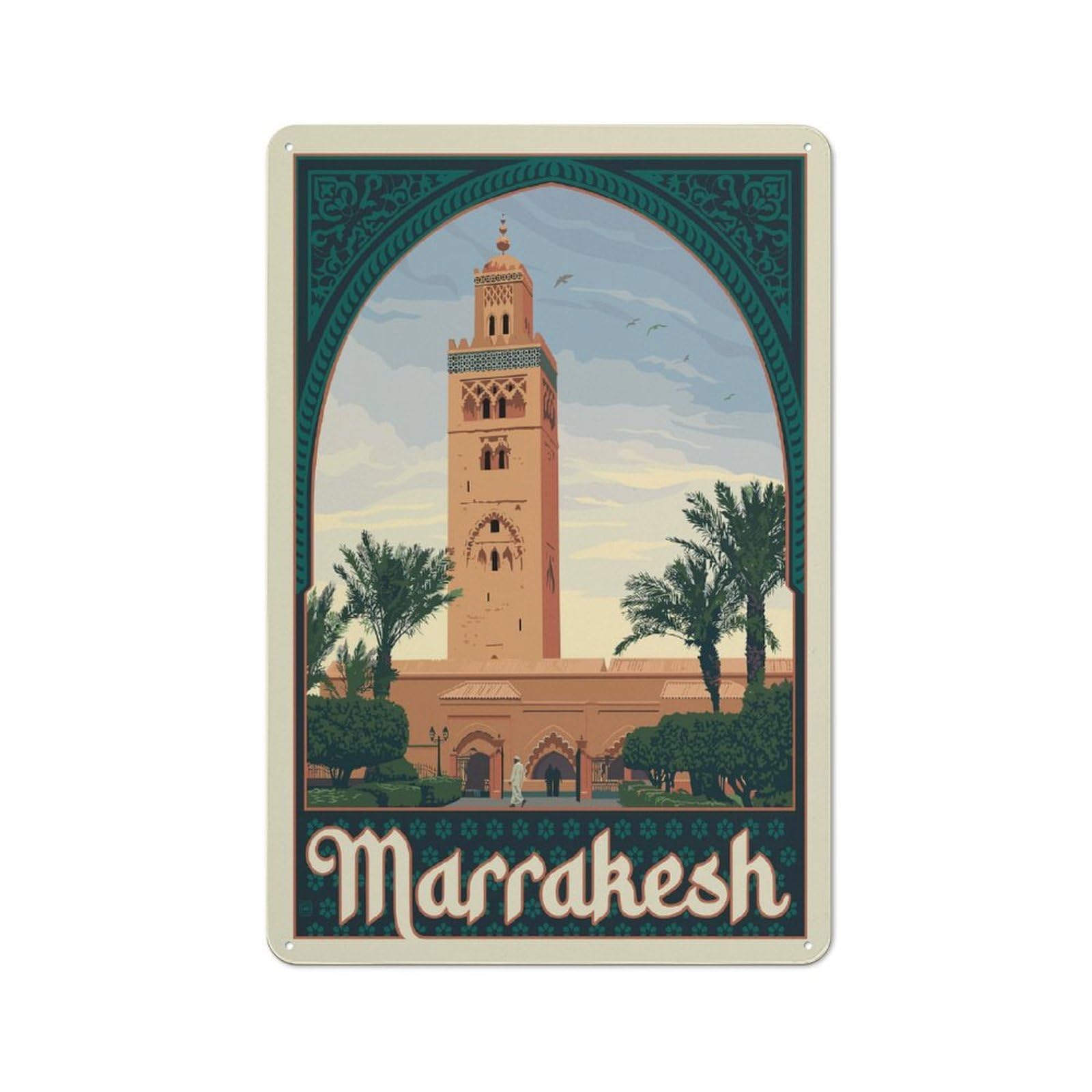 Marrakesh Travel Warehouse Style Metal Wall Decor 30x20cm, Metal Wall Sign for Workspace, Cafe, Hallway Or Garage