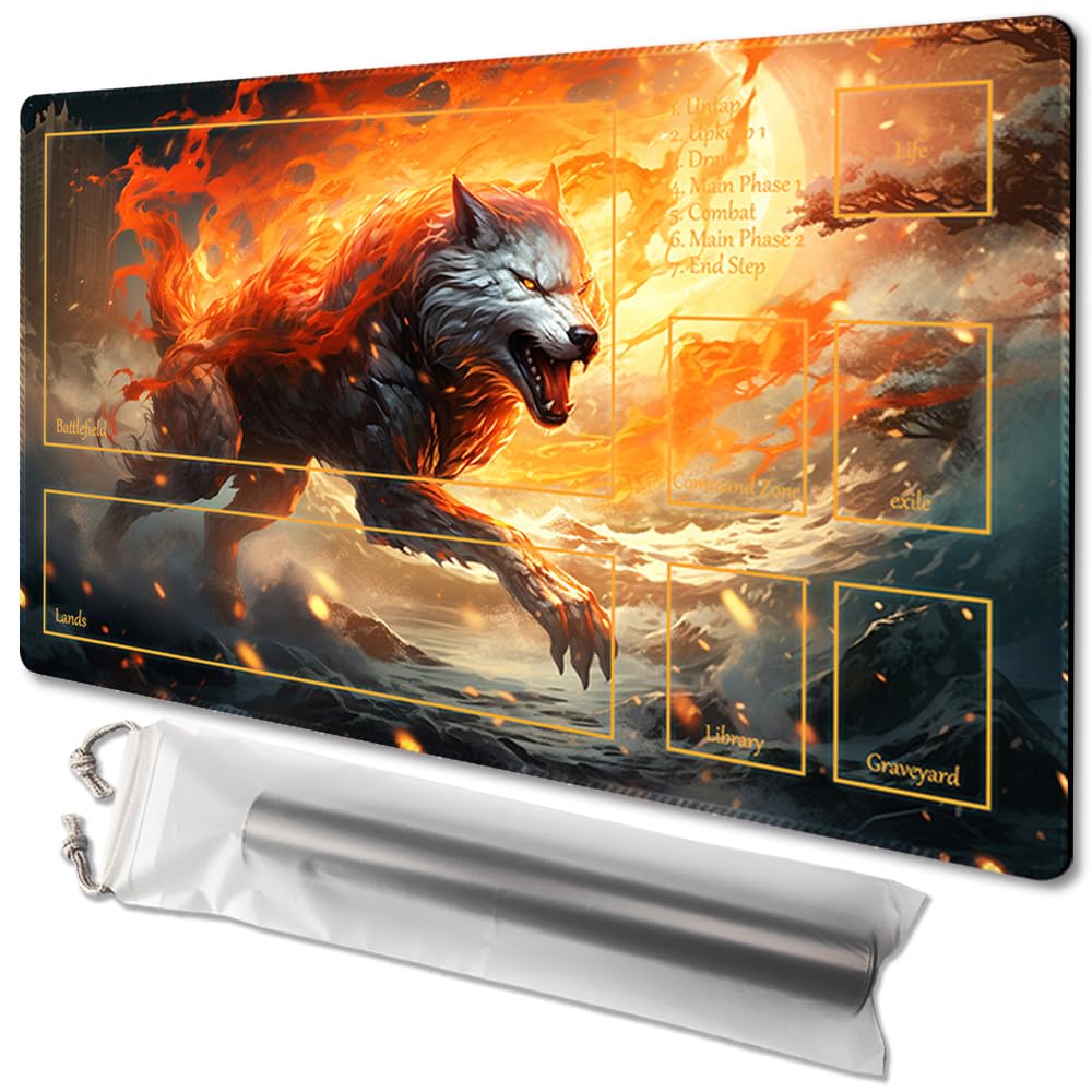 MTG Playmat with Zone Size 24x14in Free Storage Bags Non-Slip Backing, Ideal for Card Game Enthusiasts Magic TCG Playmat Zones (Ember Rage)
