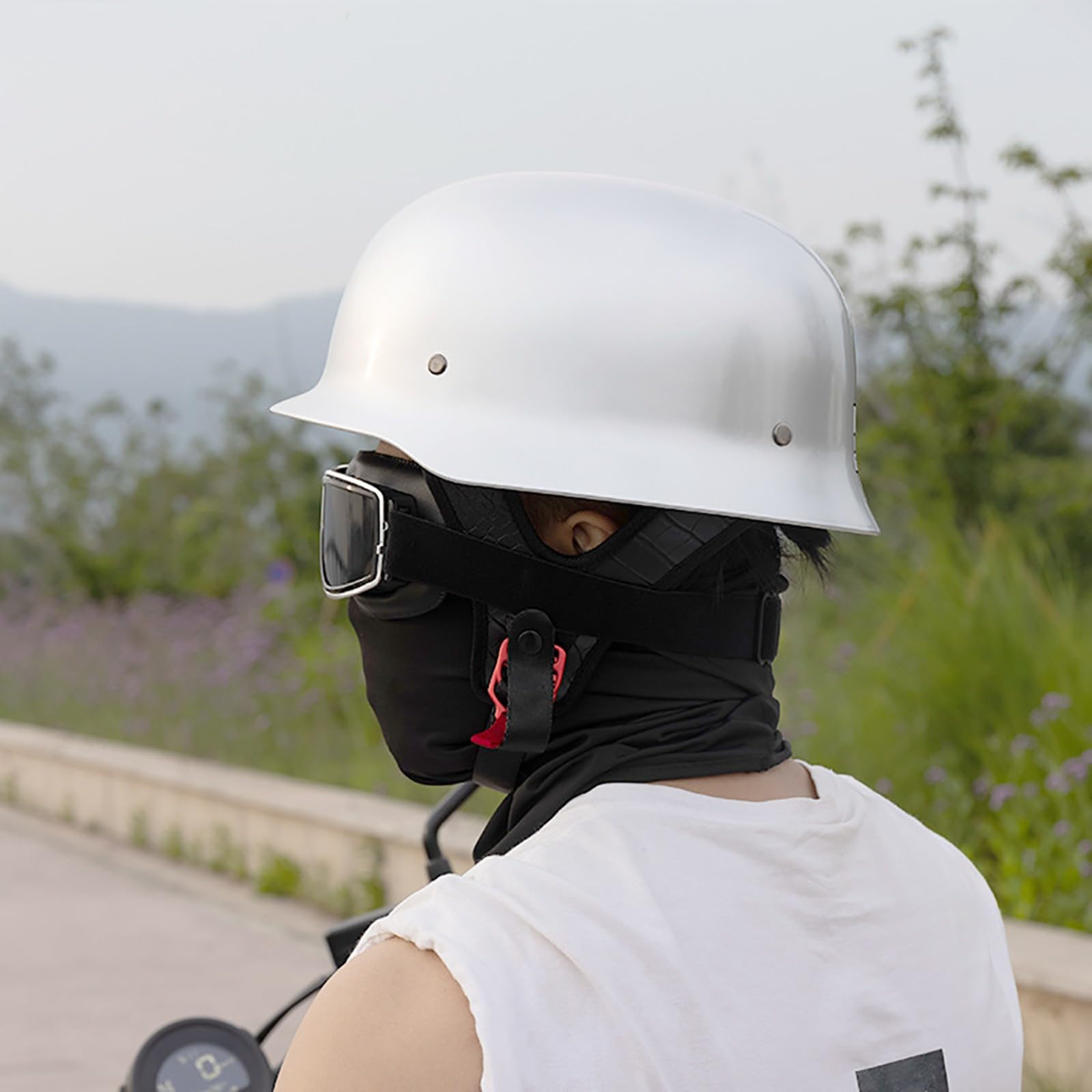 Casque jet moto avec lunettes, casque jet pour cyclomoteur homme/femme, casque demi-casque rétro homologué ECE pour scooter cruiser 7,XXL=63-64CM