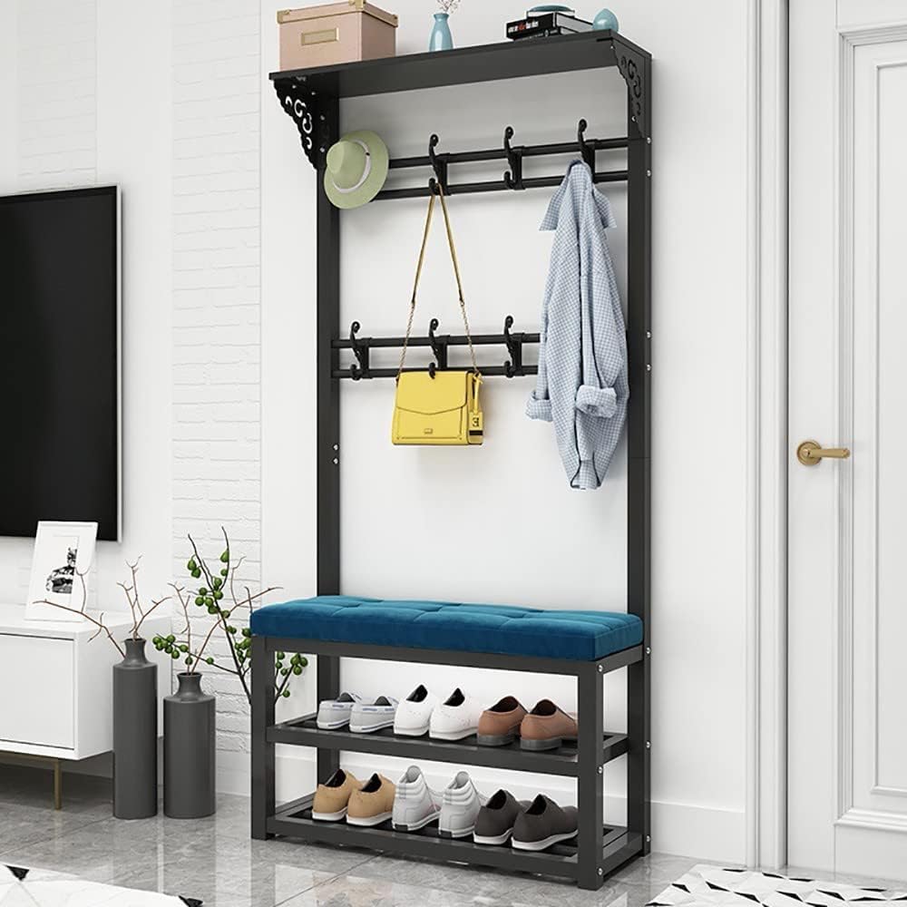 MYUYEE Metal Shoe Rack Shoe Rack With Seat Coat Rack Clothes Rack Upholstered Bench For The Entrance Area For Entrance Area Hallway Living Room(A-80Cm)