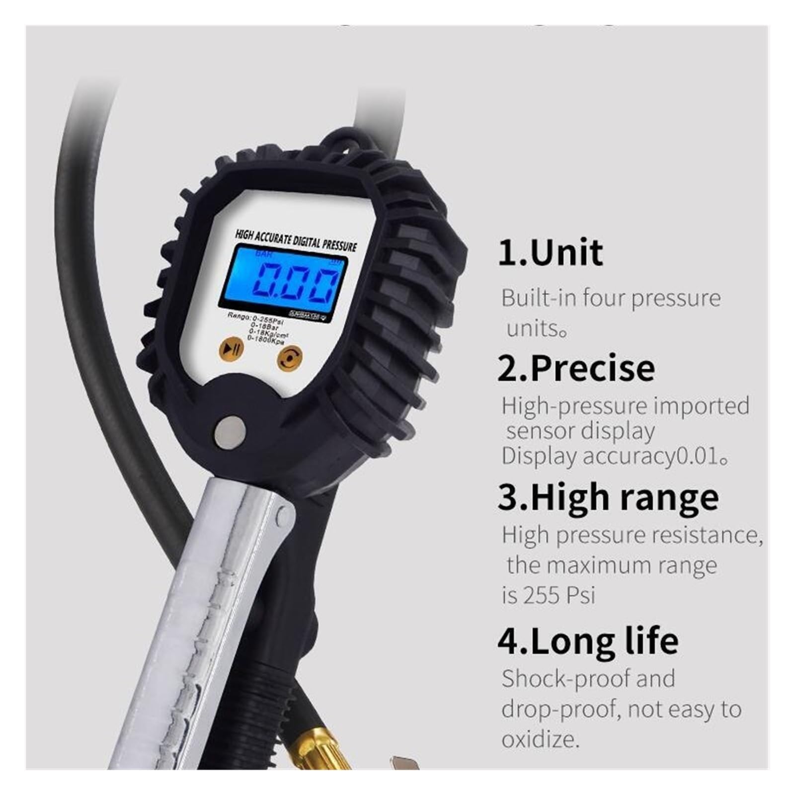Manómetro de neumáticos Indicador de presión de neumáticos, Pantalla Digital, Control de Alta precisión, Pistola de inflado, manómetro de neumáticos de Coche for Coche, camión, vehículo