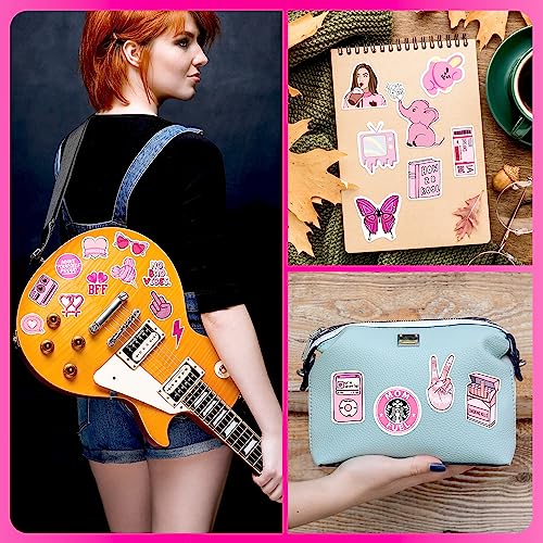 Image of FlyBuyHub Aesthetic Pink Theme Girls Vinyl Journal Stickers for Phone Case, Laptop, Notebook, Dairy, Water Bottle, Etc Self-Adhesive Set of 50 Glossy and Waterproof (Pink Theme)