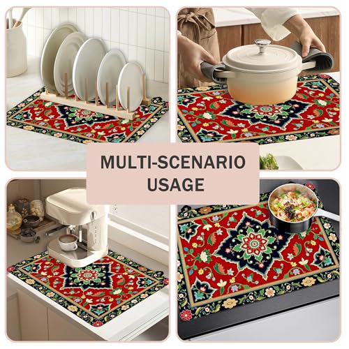 Image of Boho Floral Stove Top Covers Pad 28 x 20 inches Dish Drying Mat Coffee Bar Mats Kitchen Decor Absorbent Pad Fit Coffee Maker Machine Dish Drying